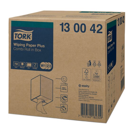 Tork Wiping Plus Combi Rol Poetspapier 2-laags wit, W1/W2/W3, per stuk