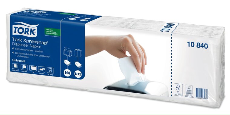 Tork Xpressnap&reg; dispenserservet Universal N4 1-laags wit &frac14;-vouw 33x22cm 8x1.125st, 9.000st/doos