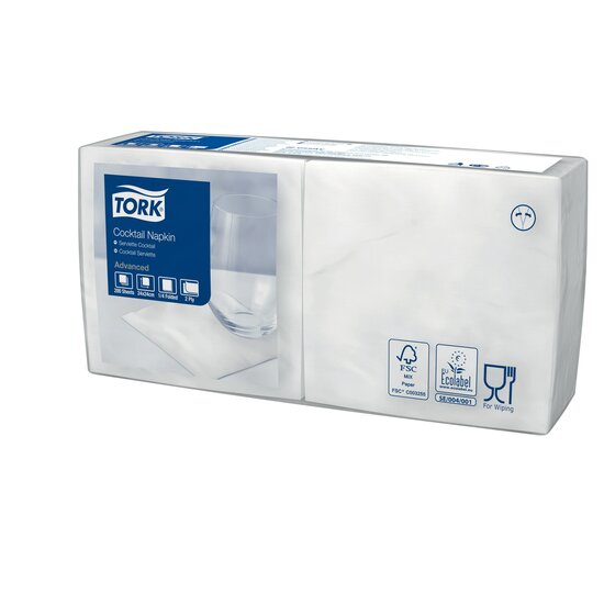 Tork Cocktailservet  2-Laags Wit 1/4 vouw, 12x200st, 2.400st/doos