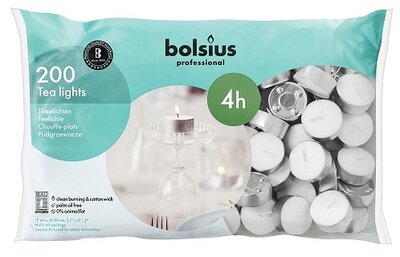 Bolsius Theelichten zak a 200 stuks, branduren 4 uur