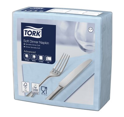 Tork Soft Dinerservet Advanced 3-Laags Lichtblauw 1/4 vouw 12x100st, 1.200st/doos