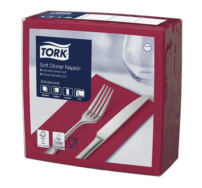 Tork Soft Dinnerservet  3-Laags Bordeaux 1/8 vouw 12x100st, 1.200st/doos